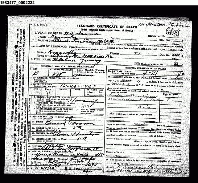 Adeline Minerva Young - Death Certificate