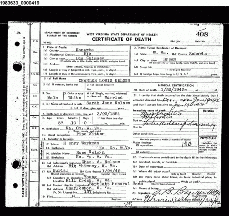 Charles Louis Nelson - Death Certificate