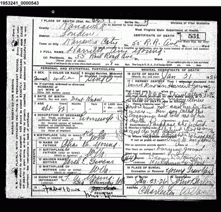 Harriett Ann Young - Death Certificate