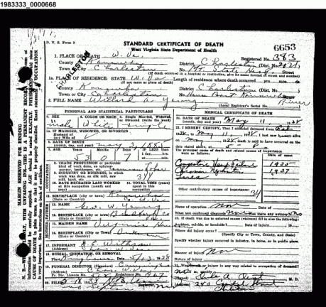 Willard  Wilbur  A Young - Death Certificate