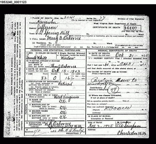 Mary Osborne - Death Certificate
