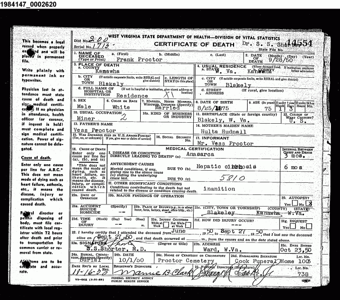 Frank Proctor - Death Certificate