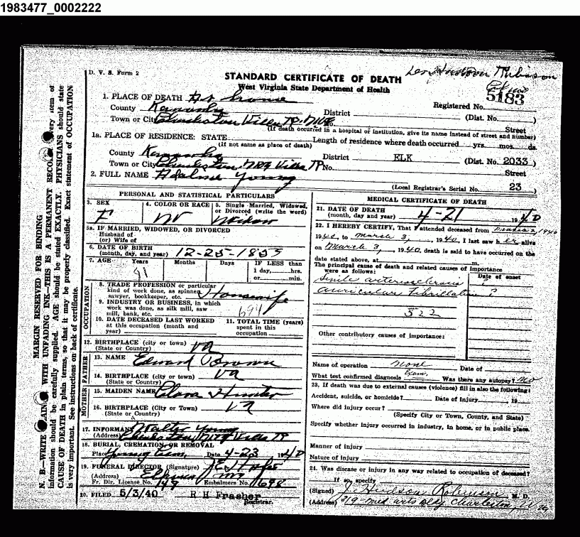 Adeline Minerva Young - Death Certificate