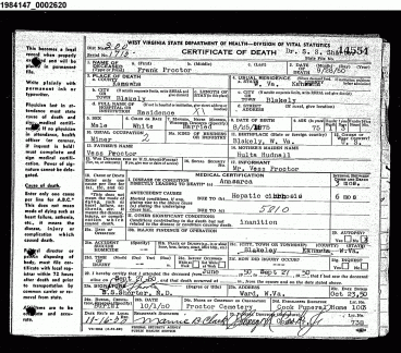 Frank Proctor - Death Certificate
